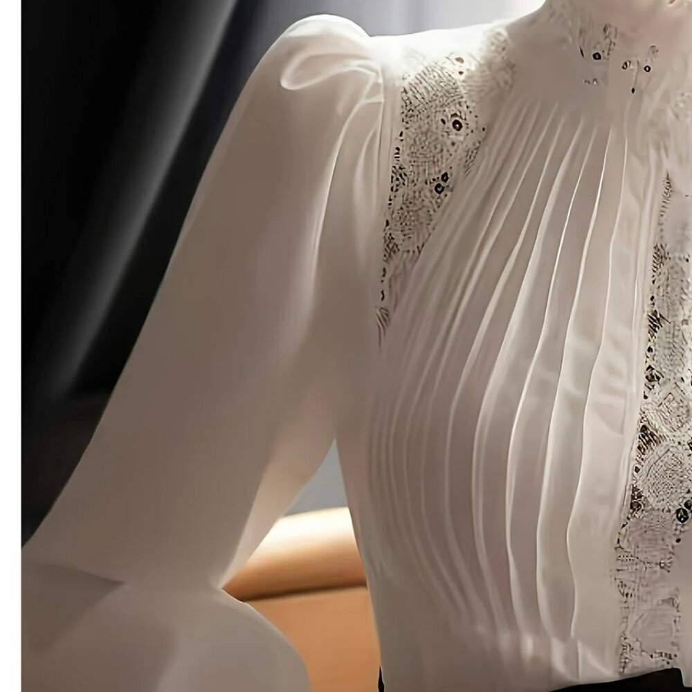 Top Victorian Style Long Puff Sleeve Stand-Up Collar Pleated Bodice Lace Insets - Picture 6 of 6